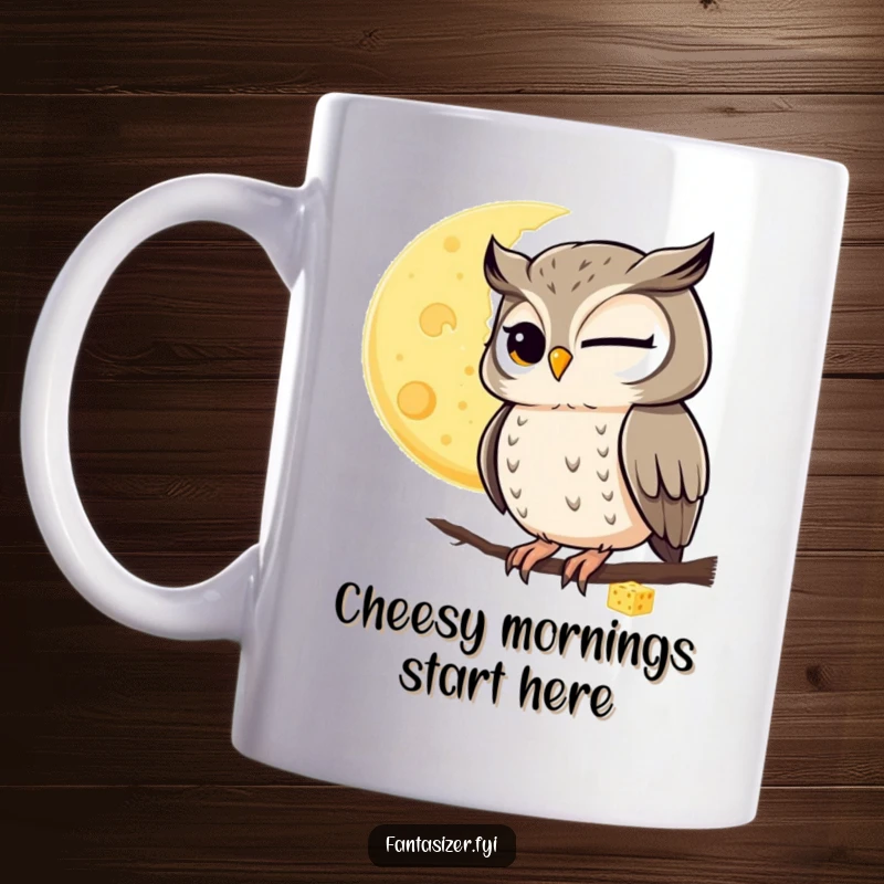 Funny mug featuring a winking owl observing a moon made entirely of cheese, a humorous celestial scene.