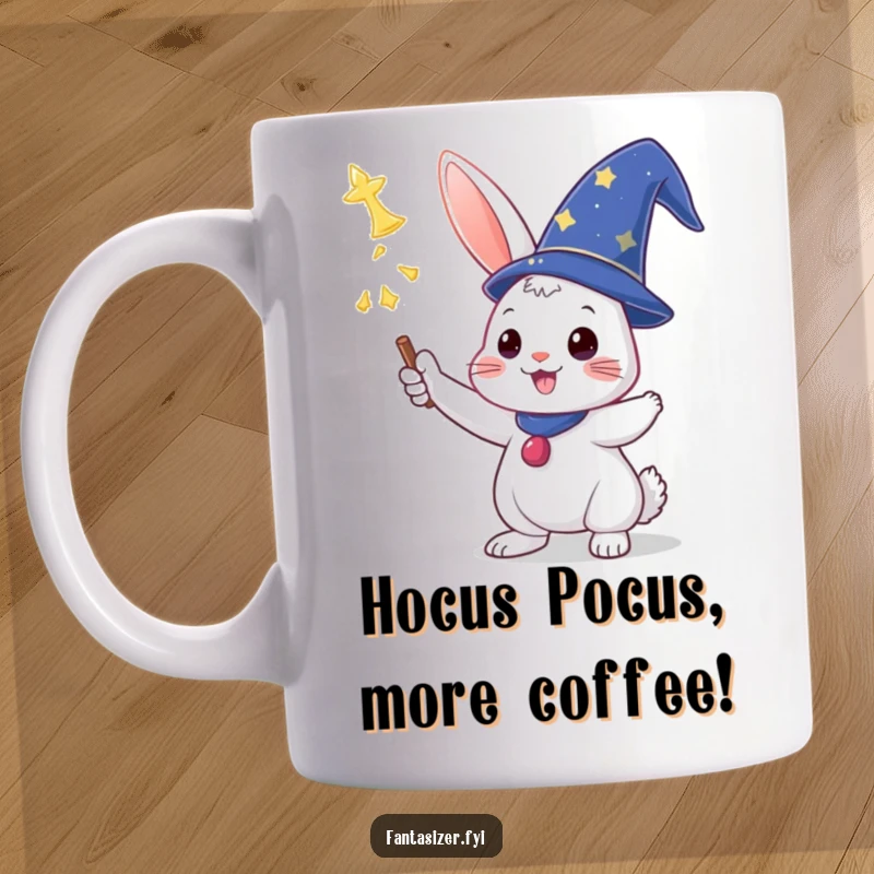 Funny mug featuring a triumphant rabbit in a wizard hat casting a powerful spell, celebrating magical moments.