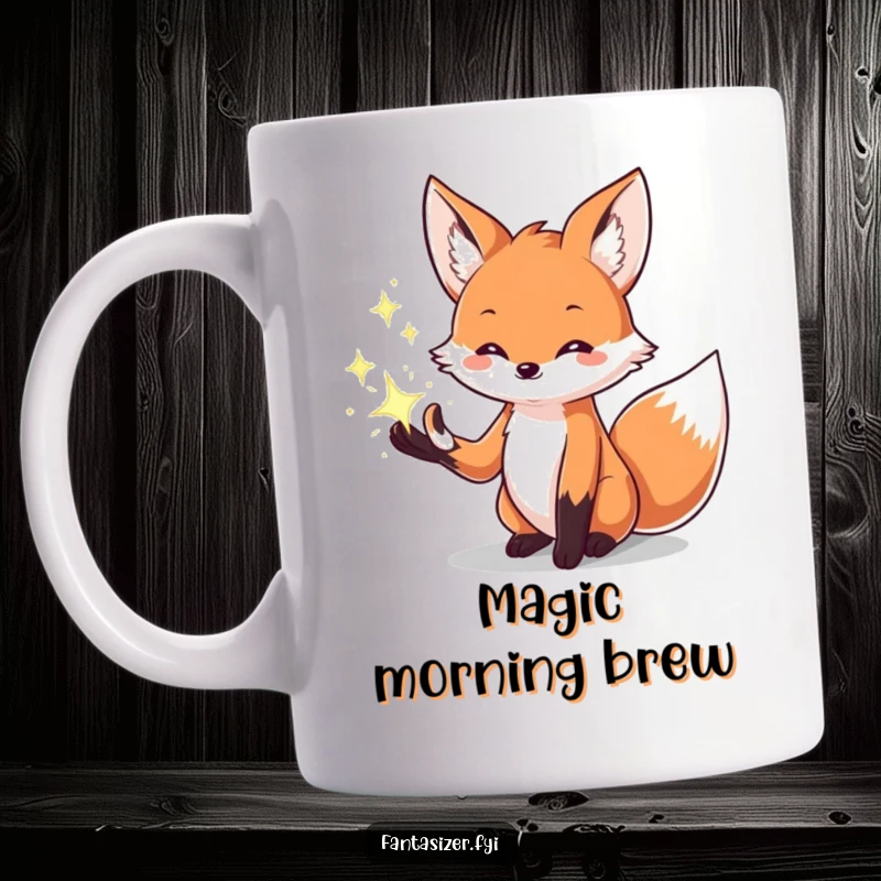 Funny mug with a creative fox character skillfully conjuring sparkling magical effects from its paws, showcasing imagination and power.