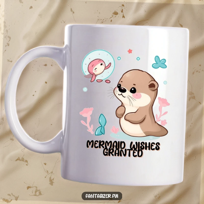 Funny mug showing a curious otter dreaming of swimming amongst colorful mermaids in a magical underwater fantasy scene.