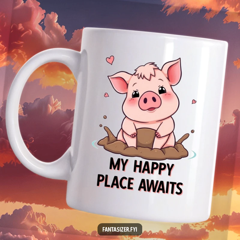 Funny mug featuring a proud pig happily fantasizing about a mud bath, exuding joy and humor.