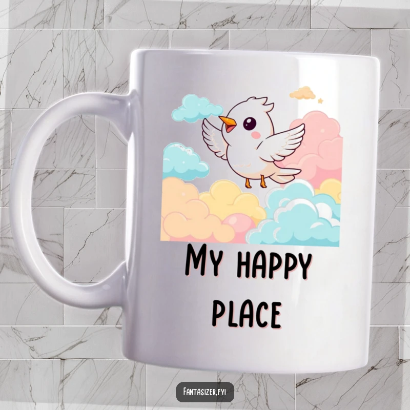 Funny mug featuring a delighted bird character joyfully soaring through vibrant, colorful clouds, embodying freedom and happiness.