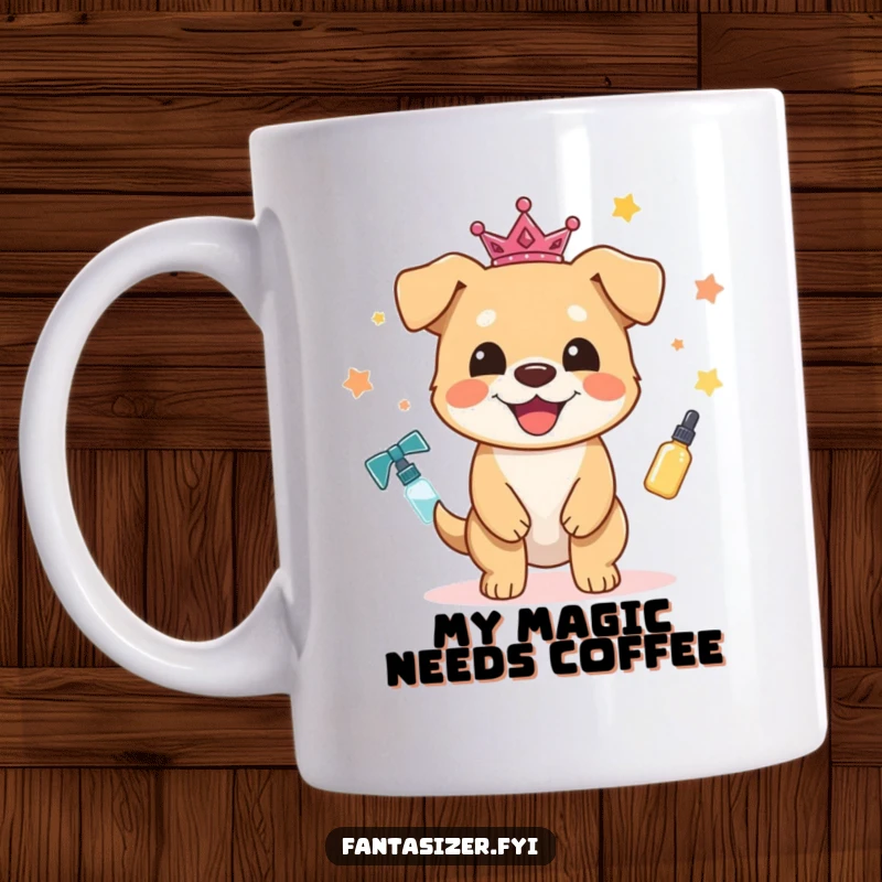 Funny Dog Mug: A happy dog character uses magic to transform everyday objects into sparkling, enchanted treasures, spreading cheer.