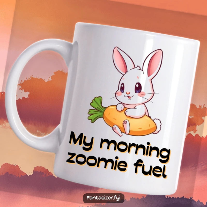 Funny mug featuring a wide-eyed playful rabbit pretending to ride a magical flying carrot through the sky.