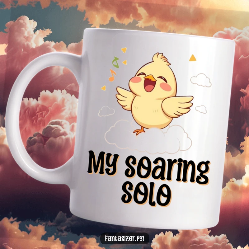 Funny mug featuring a joyful bird singing with eyes closed, imagining itself on a grand stage made entirely of fluffy clouds.