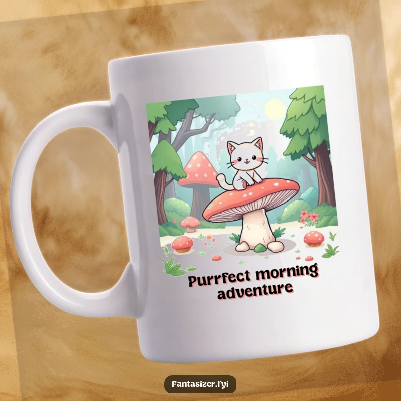 Funny mug with a playful cat character joyfully riding a giant mushroom through an enchanted fantasy forest, embodying fun and adventure.
