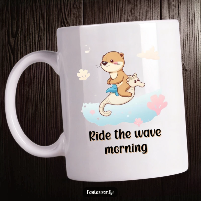 Funny mug showing a happy otter surfing a seahorse through a surreal, dreamlike ocean landscape.
