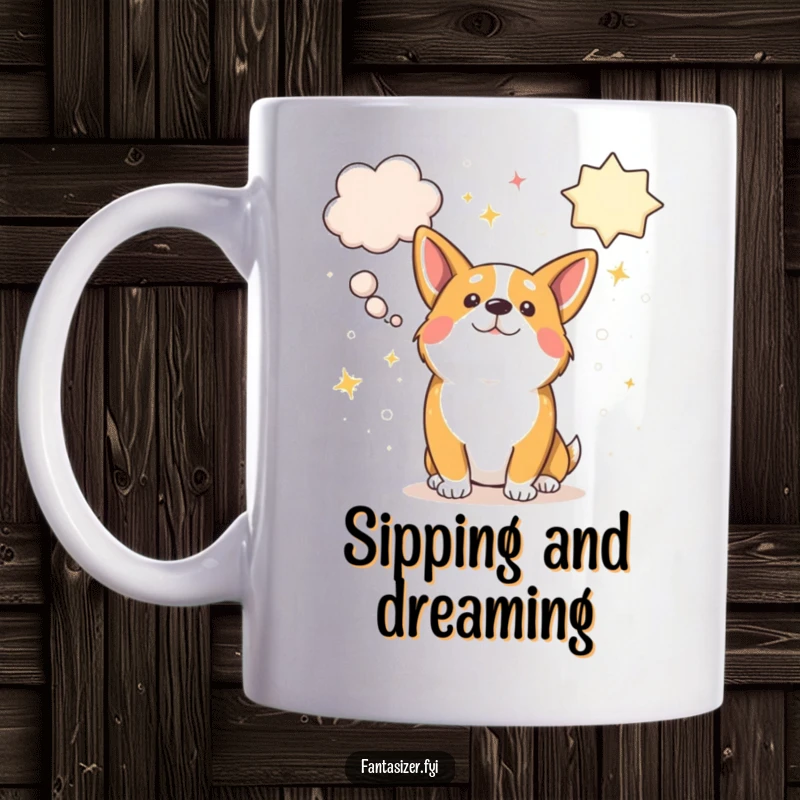 Funny cute corgi with giant sparkly thought bubbles full of dreams, a whimsical and humorous mug.