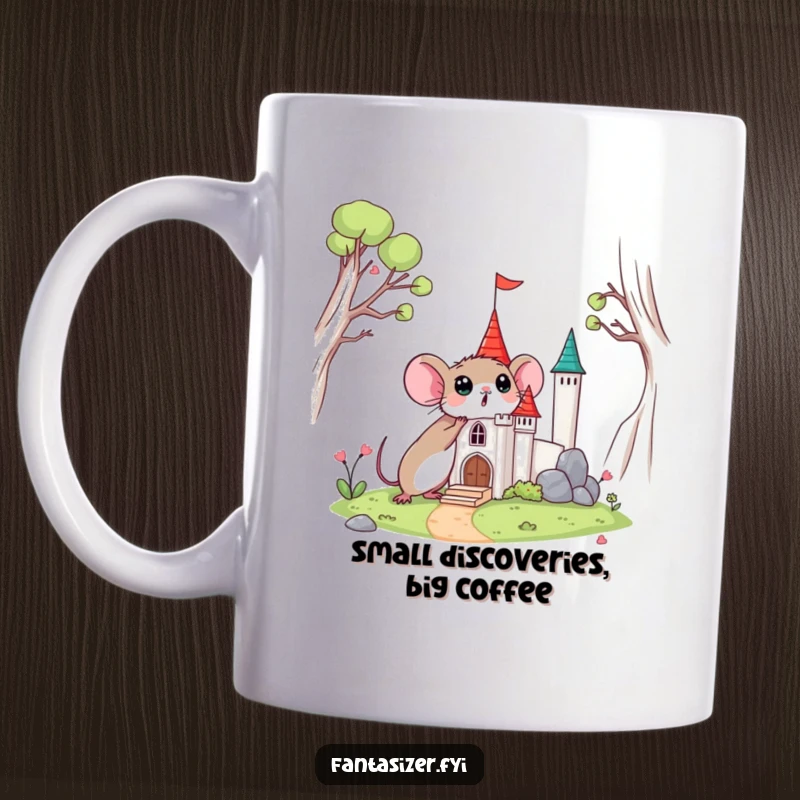 Funny mug featuring a surprised mouse discovering a miniature castle, depicting a moment of tiny wonder.
