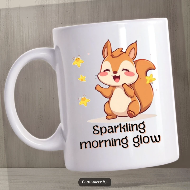 Funny squirrel mug showing a gleeful squirrel playing playfully with bright fireflies, capturing innocent, humorous night fun.