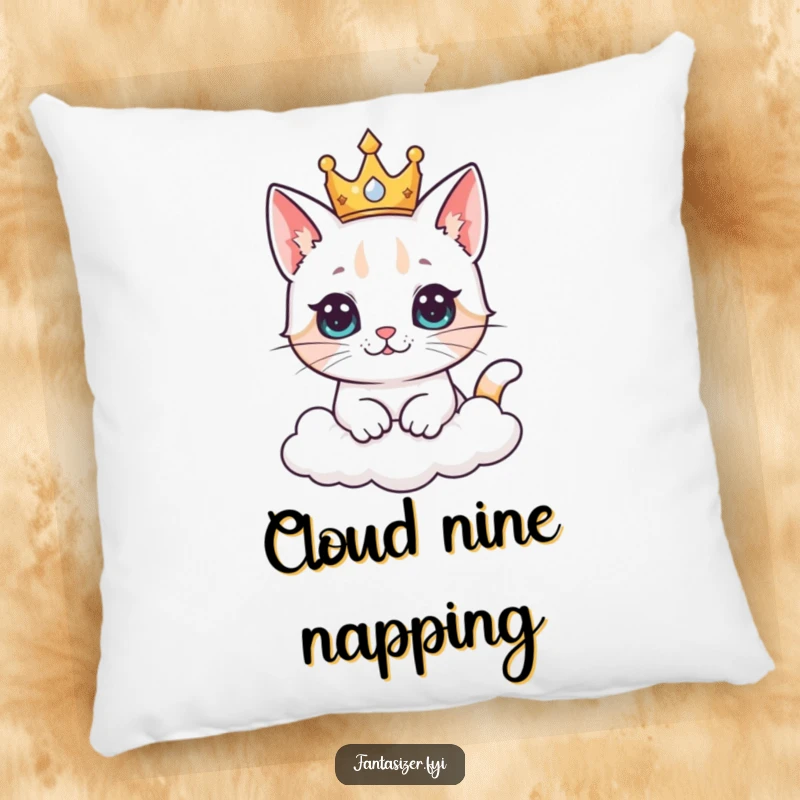 Funny cat king pillow with a curious cat wearing a crown, envisioning ruling a fluffy, ethereal kingdom of clouds.