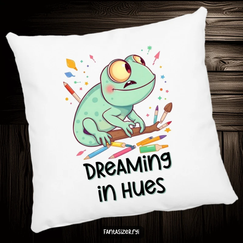 Funny giggling chameleon imagining a vibrant world made of colorful art supplies, a plush and decorative pillow.