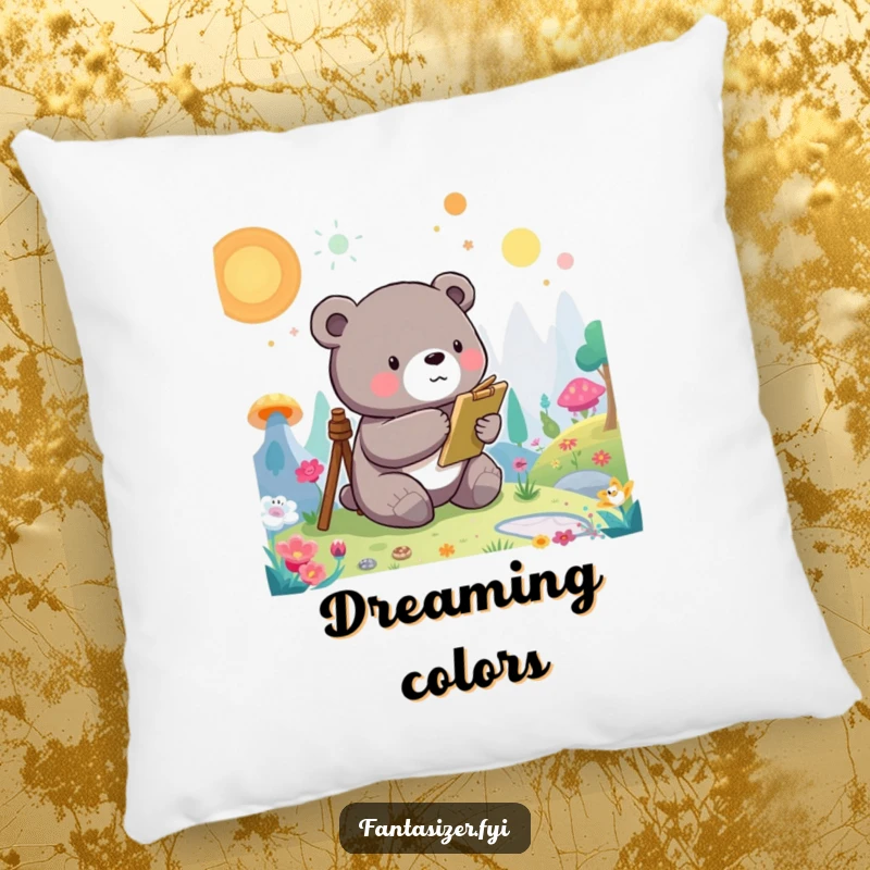 Funny Bear Pillow: A whimsical bear paints a vibrant, otherworldly landscape, offering cozy artistic charm.