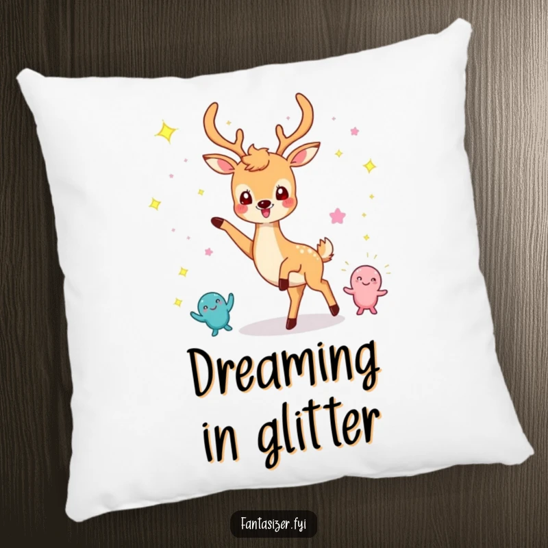 Funny pillow featuring a cheerful deer dancing with imaginary sparkling creatures, adding whimsical comfort.