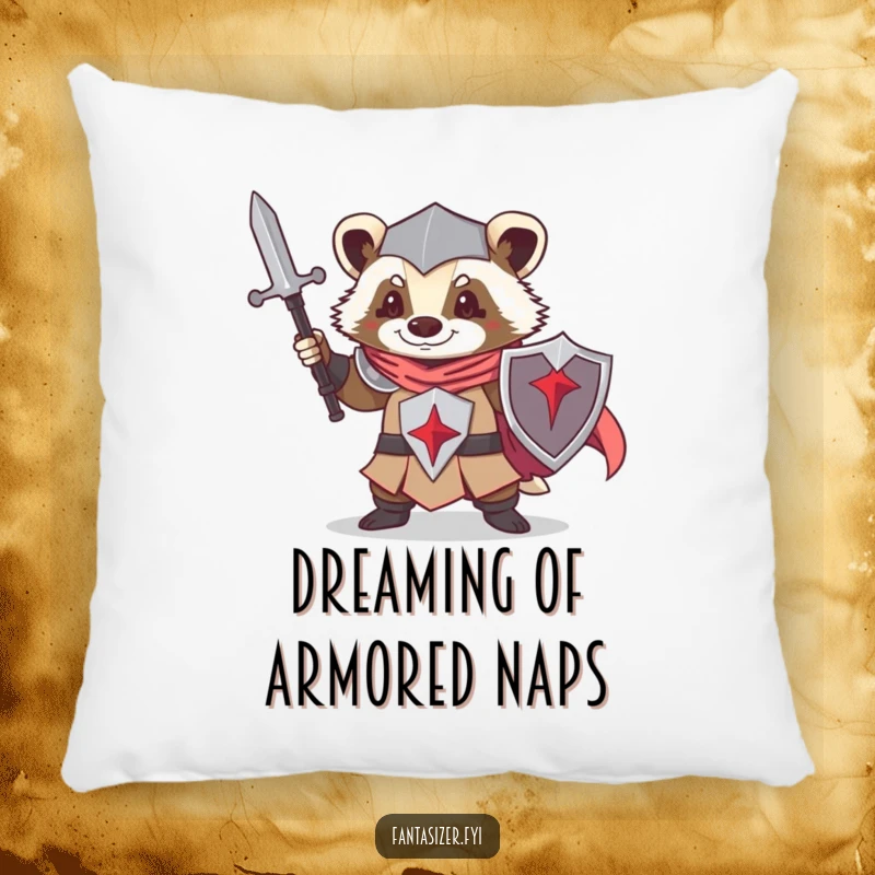 Funny pillow featuring a determined badger dressed as a knight, offering comfort and a dose of heroic humor.