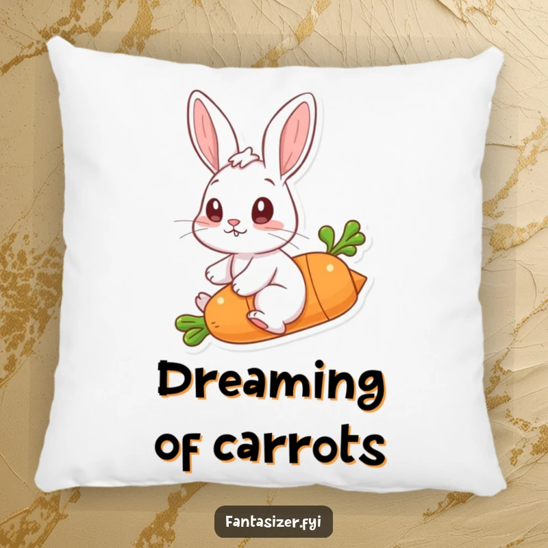 Funny pillow featuring a rabbit riding a flying carrot, offering comfort and a touch of playful, imaginative fun.