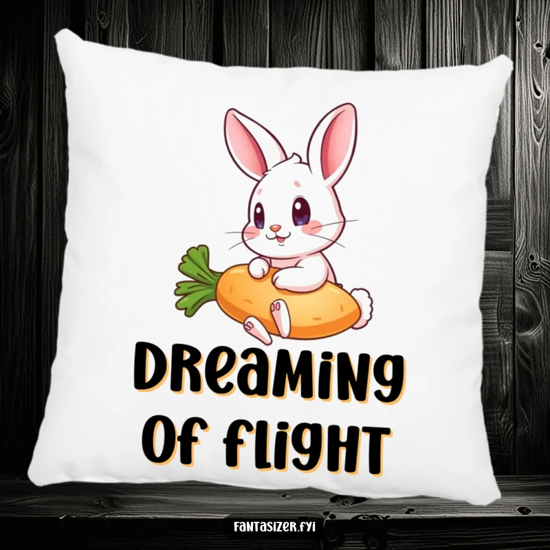 Funny pillow featuring a wide-eyed rabbit adventuring on a fantastical flying carrot, adding a touch of playful humor to decor.