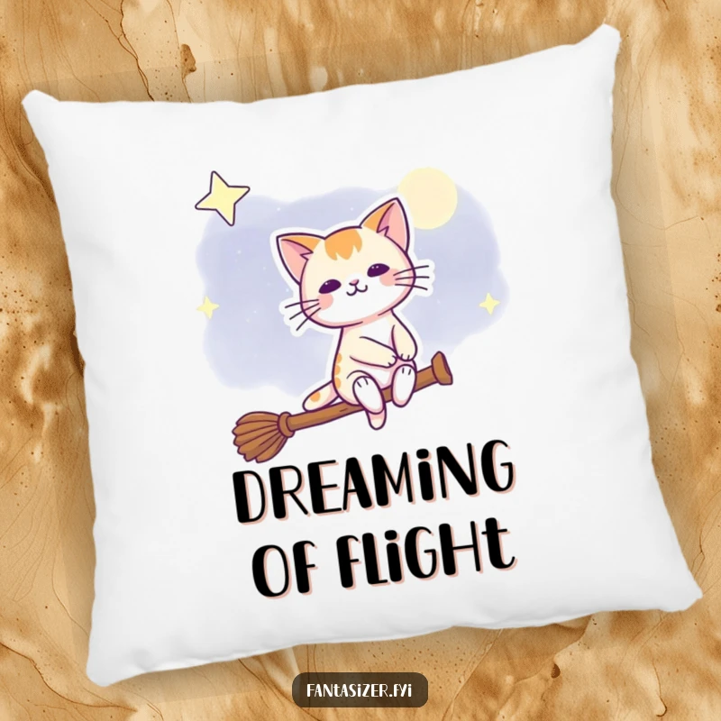 Funny pillow featuring a beaming cat on a broomstick against a starry night sky, adding magical comfort.