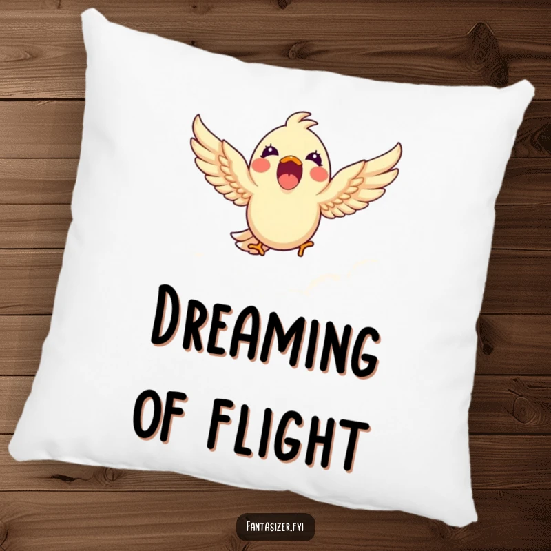 Funny pillow showing a happy bird immersed in clouds, offering comfort and a humorous touch of aerial delight.