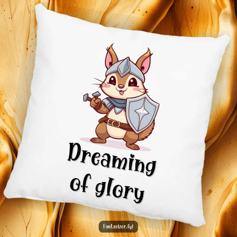 Funny pillow featuring a squirrel adventurer dressed as a knight, offering comfort and heroic charm for any room.