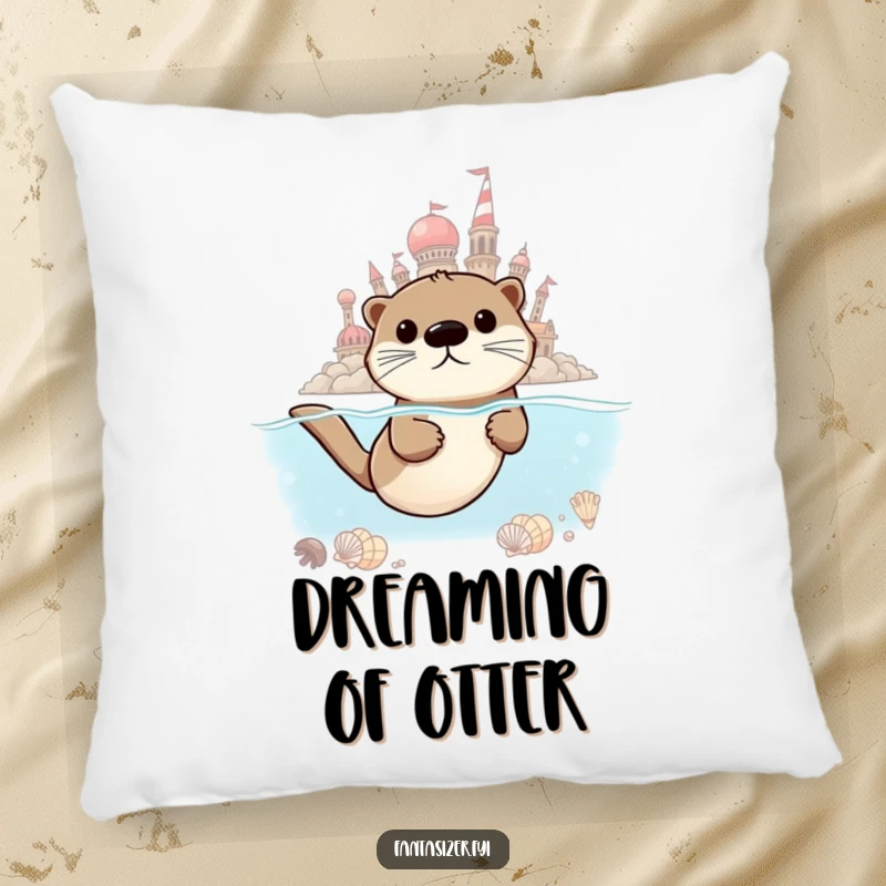 Funny Otter Dreamer Pillow featuring a determined otter swimming towards a seashell city, ideal for inspiring humorous dreams.
