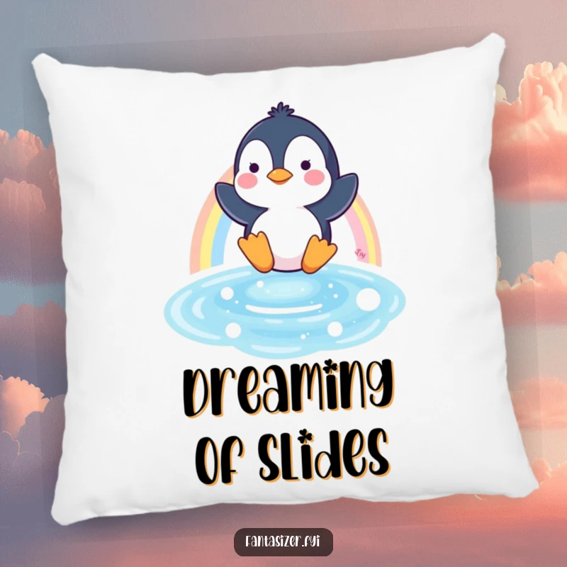 Funny pillow showcasing a cheerful penguin character mid-slide down a vibrant rainbow into a refreshing blue pool.