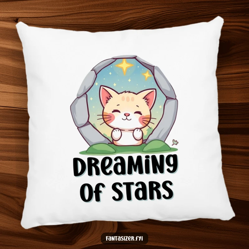 Funny cat peeking through a magical portal on a soft pillow, revealing a starry, whimsical universe. Cozy and magical.
