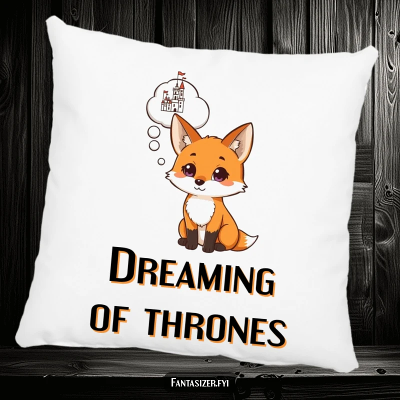 Funny pillow depicting a curious fox with a thought cloud showing a grand castle, perfect for adding whimsical humor to any space.