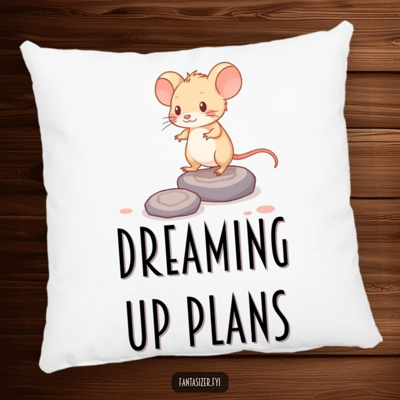 Funny pillow: a brave mouse walks on thought-stones, offering soft comfort and intellectual charm.