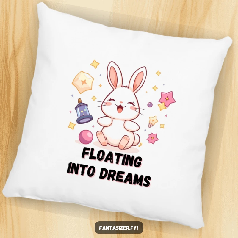 Funny rabbit pillow featuring a delighted bunny amidst floating magical items, offering cozy comfort and whimsical charm, a perfect gift.