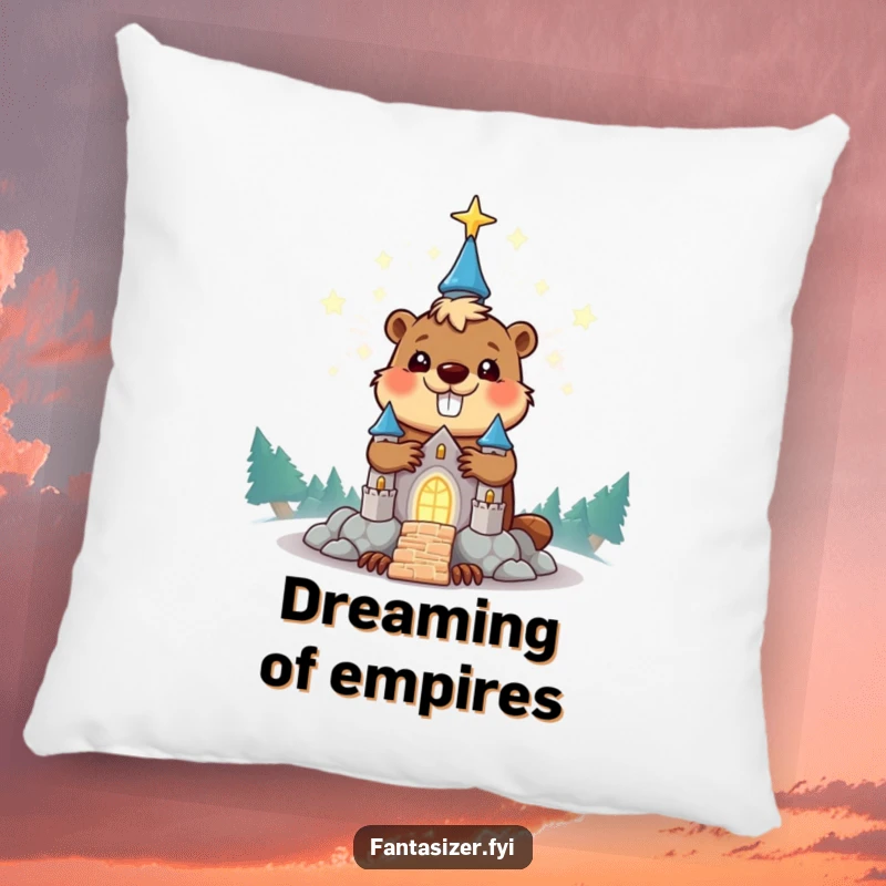 Funny beaver pillow showing a happy character building a glowing stardust castle, perfect for a humorous and cozy gift.