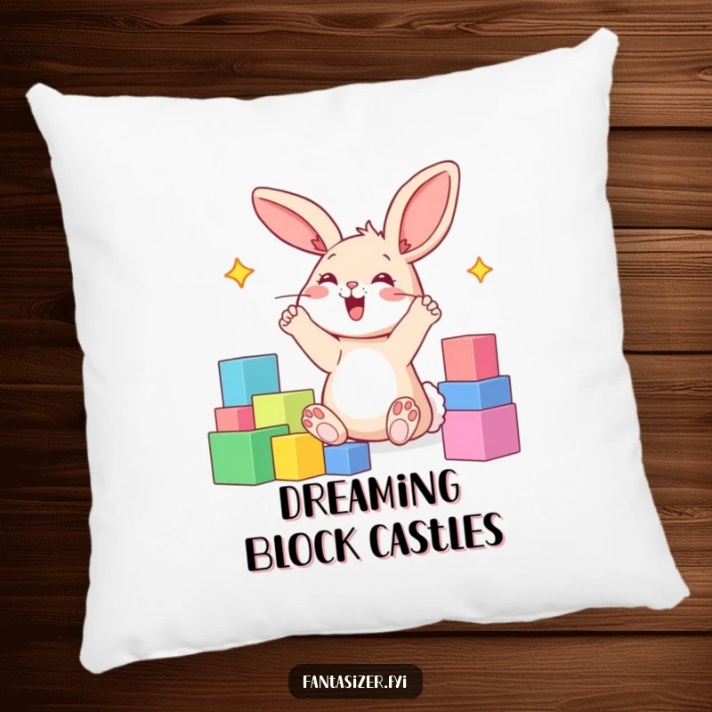 Funny decorative pillow with a happy bunny with paws in the air, imagining a world made of colorful blocks.