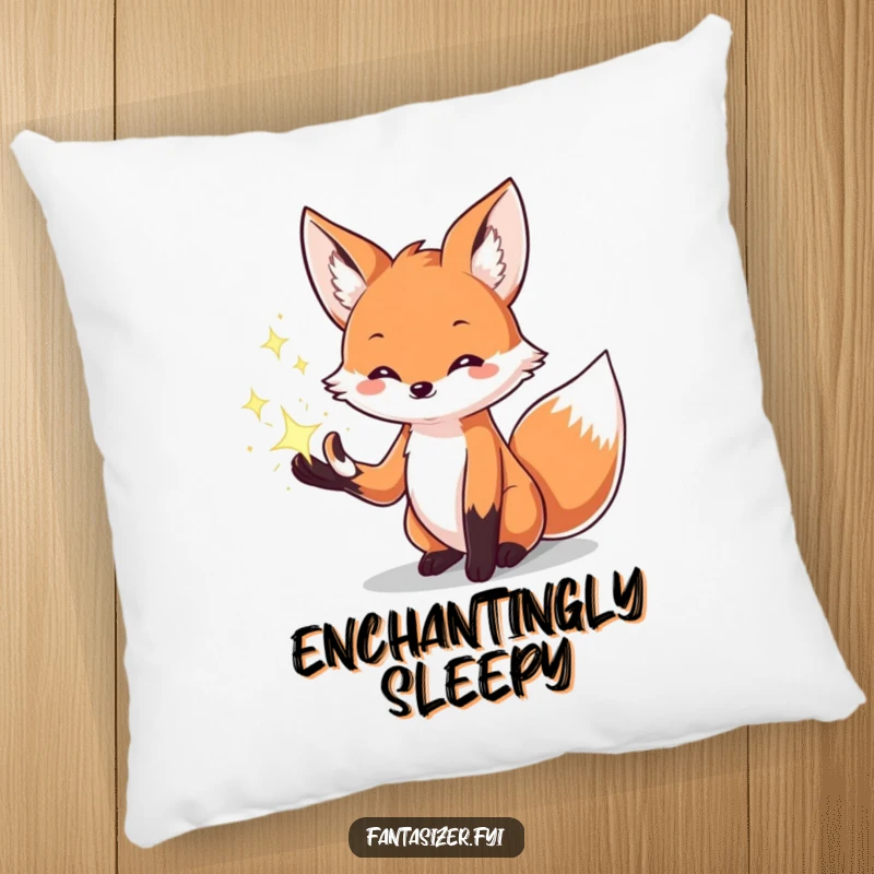 Funny pillow showcasing a creative fox conjuring sparkling magical effects from its paws, providing comfort with a magical touch.