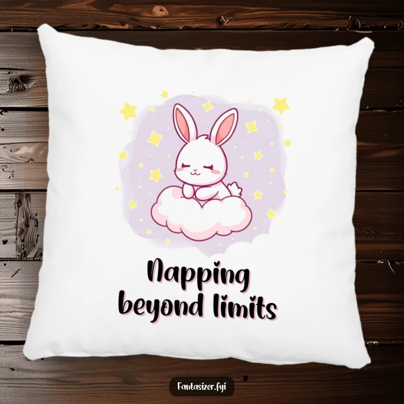 Funny pillow showcasing a dreaming rabbit floating on a cloud amidst twinkling stars, offering cozy and humorous comfort.