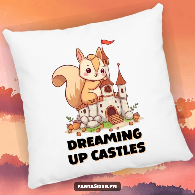 Funny pillow showcasing an imaginative squirrel building a castle from acorns, offering comfort with a touch of creative ambition.