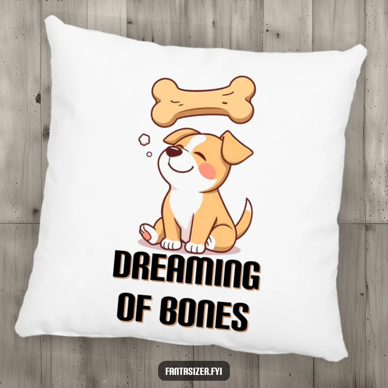 Funny pillow featuring a happy dog dreaming of a giant bone, bringing cozy canine vibes to any room.