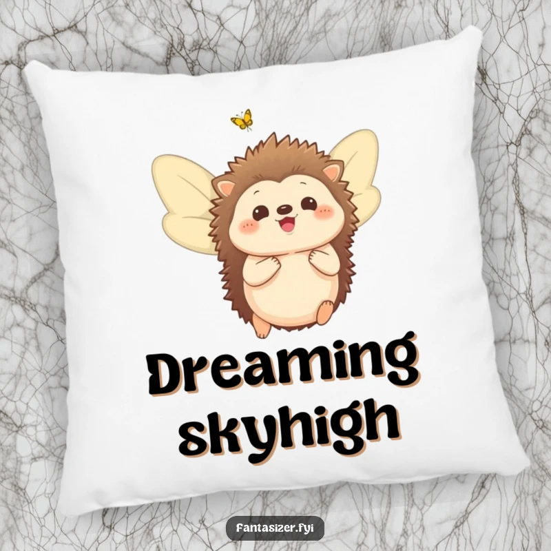 Funny pillow featuring a delighted hedgehog with butterfly wings, offering cozy comfort and a touch of magical dreams.