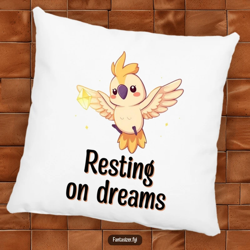 Funny parrot character flying towards a glowing dream crystal on a plush pillow, offering soft inspiration and comfort.