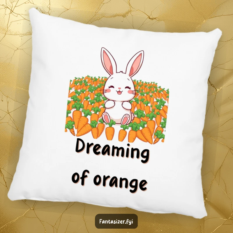 Funny pillow showing a happy rabbit immersed in a sea of carrots, offering comfort and a humorous touch of veggie delight.