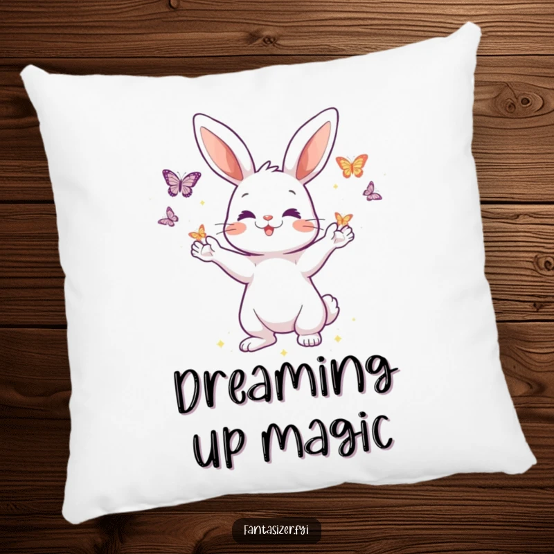 Funny pillow featuring a playful rabbit character conjuring shimmering butterflies from its paws, offering comfort and a touch of enchanting whimsy.