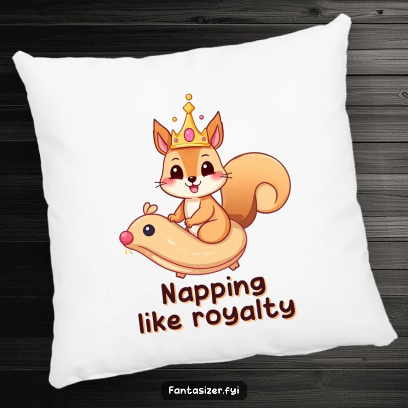 Funny squirrel pillow with a whimsical crown riding a majestic, flying pastry, soft and humorous decorative accent.