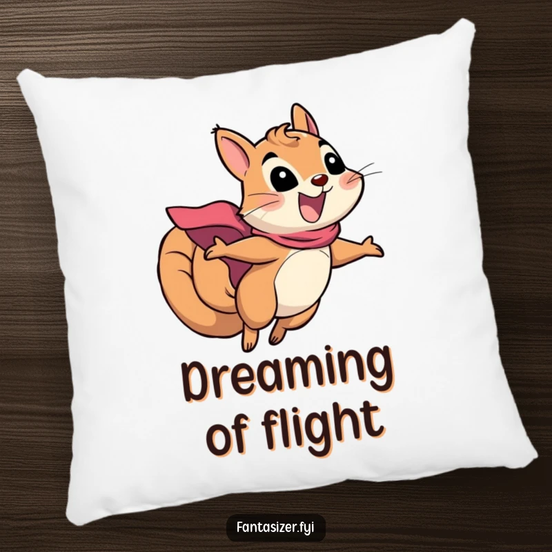Funny squirrel superhero pillow featuring an excited squirrel in a cape flying, offering cozy comfort and a heroic touch, a fun gift.