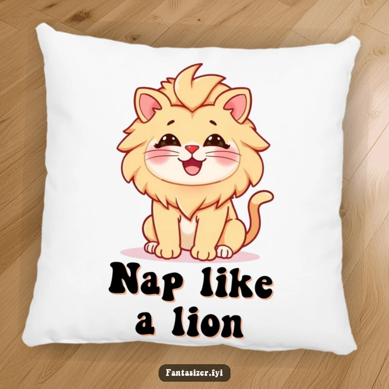 Funny pillow featuring a happy cat transformed into a majestic lion, offering comfort and a dose of regal humor for any room.
