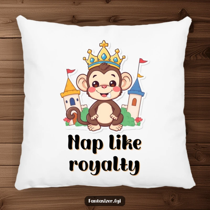 Funny Monkey Pillow: A joyful monkey wearing a crown reigns over a whimsical land, offering comfortable and humorous royal charm.