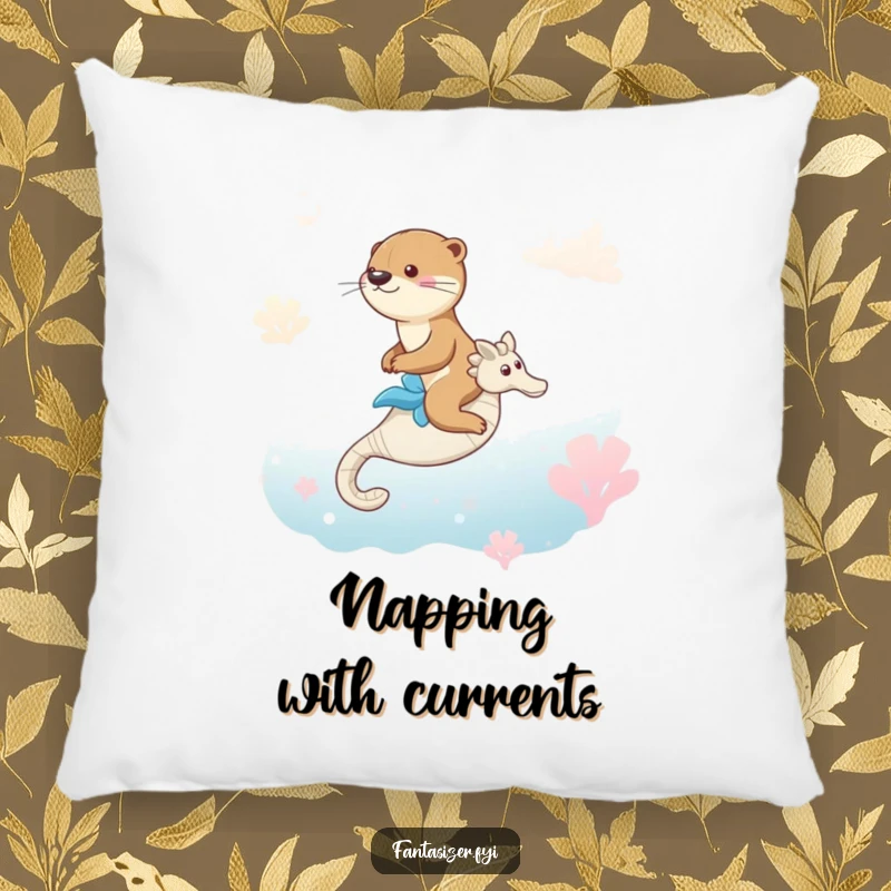 Funny pillow: a cute otter rides a seahorse in a dreamlike ocean, providing soft, whimsical comfort.