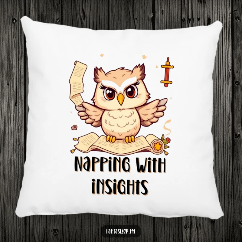 Funny pillow with a delighted owl and ancient scrolls, providing comfort and a touch of scholarly humor.
