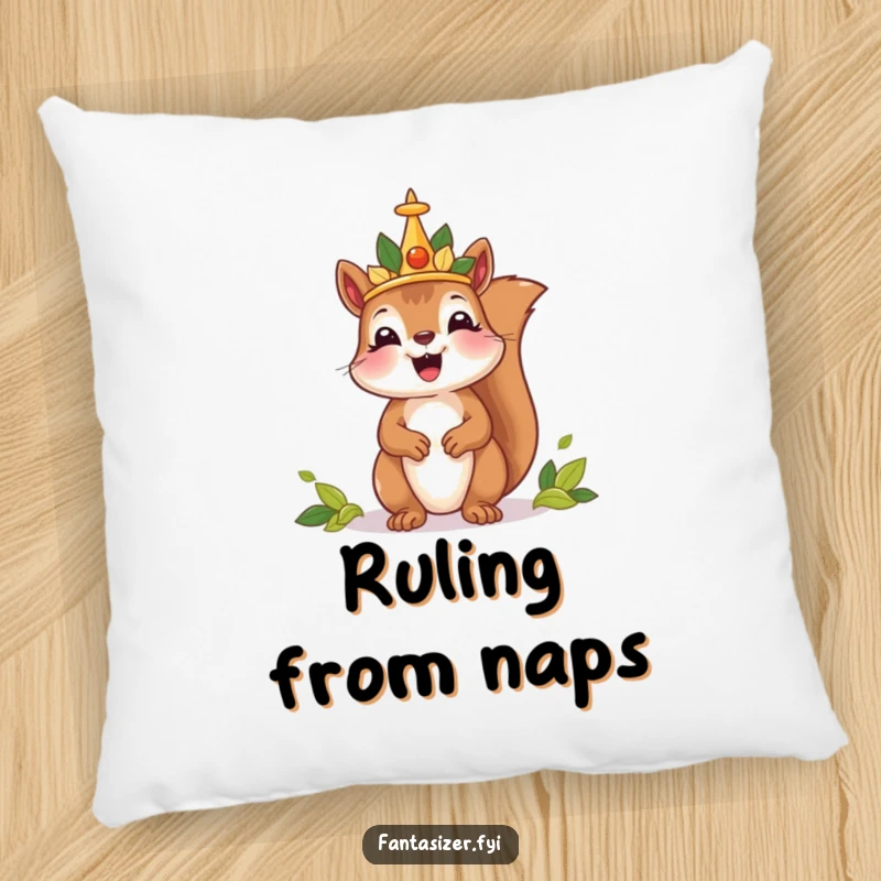 Funny pillow featuring a delighted squirrel king with a leaf crown, ruling a tiny kingdom, adding humorous charm to decor.