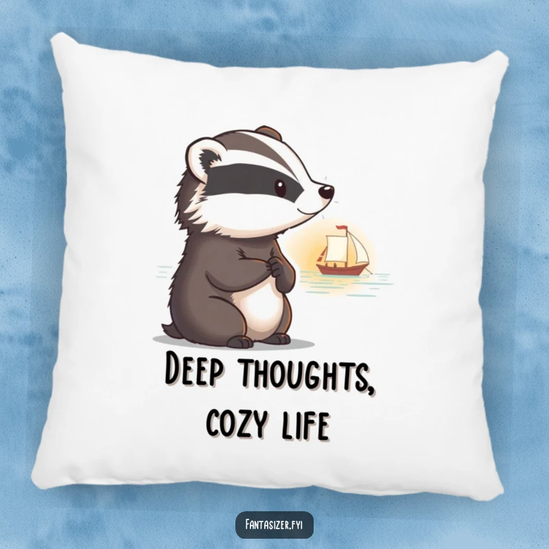 Funny pillow with a thoughtful badger and a faraway look, watching a boat sail into a sunset.