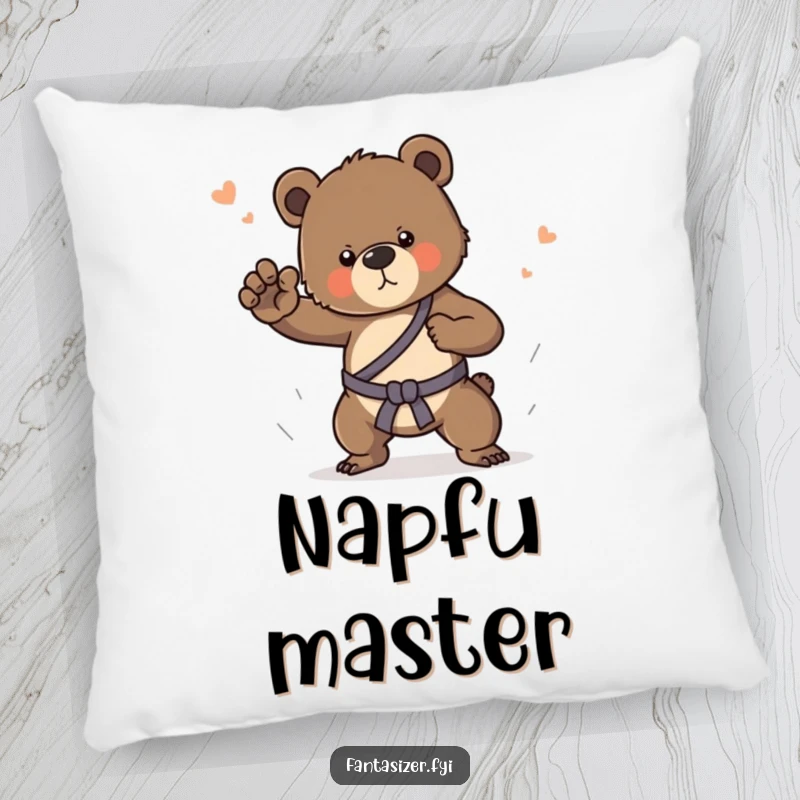 Funny pillow with a determined bear cub in a martial arts dream, perfect for adding comfort and humor.