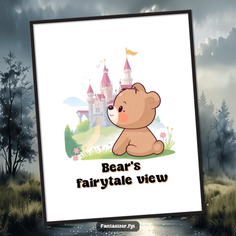 Funny Bear Digital Art Print showing a bear cub gazing at a castle, ideal for humorous and whimsical fantasy decor.